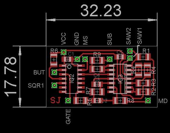 PCB view with part names and dimentions